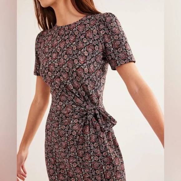Boden Knot Front Jersey Midi Dress in Black Block Paisley - NEW - Size 16-18R - Picture 2 of 12
